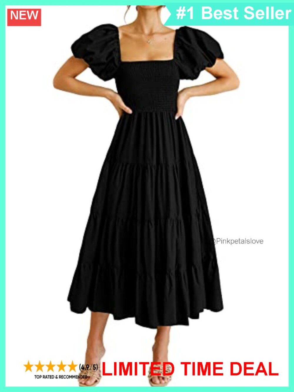 Smocked Midi Dress Square Neck Puff Sleeve Tiered Ruffle A-Line